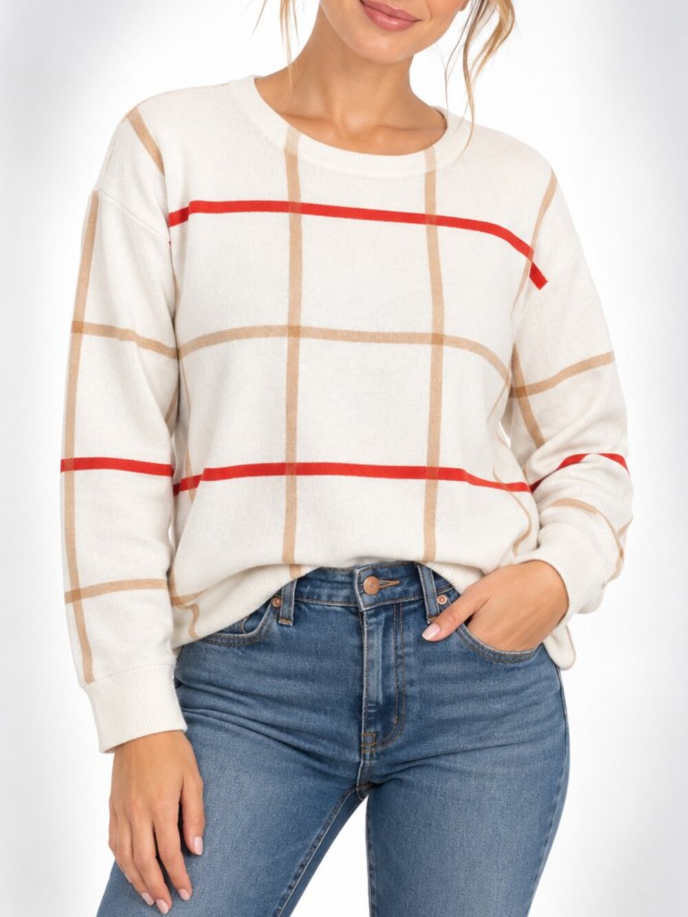 Tahari M Ivory Red Tan Windowpane Plaid Button Back Sweater